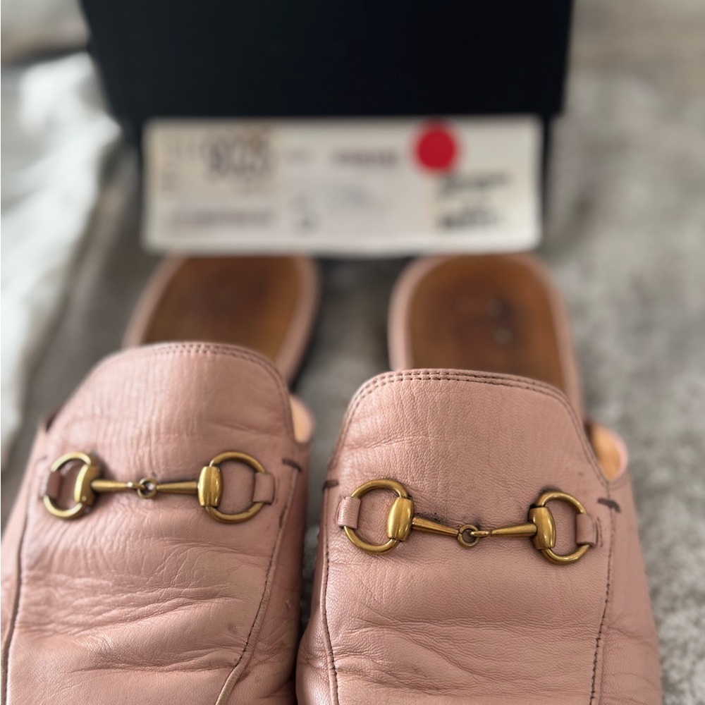 Gucci Blush Leather Loafers with Gold Accent